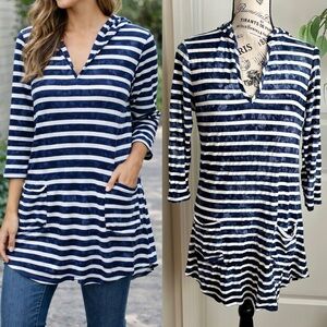 Dakini Striped Hooded Tunic Top Pockets Blue Sz S